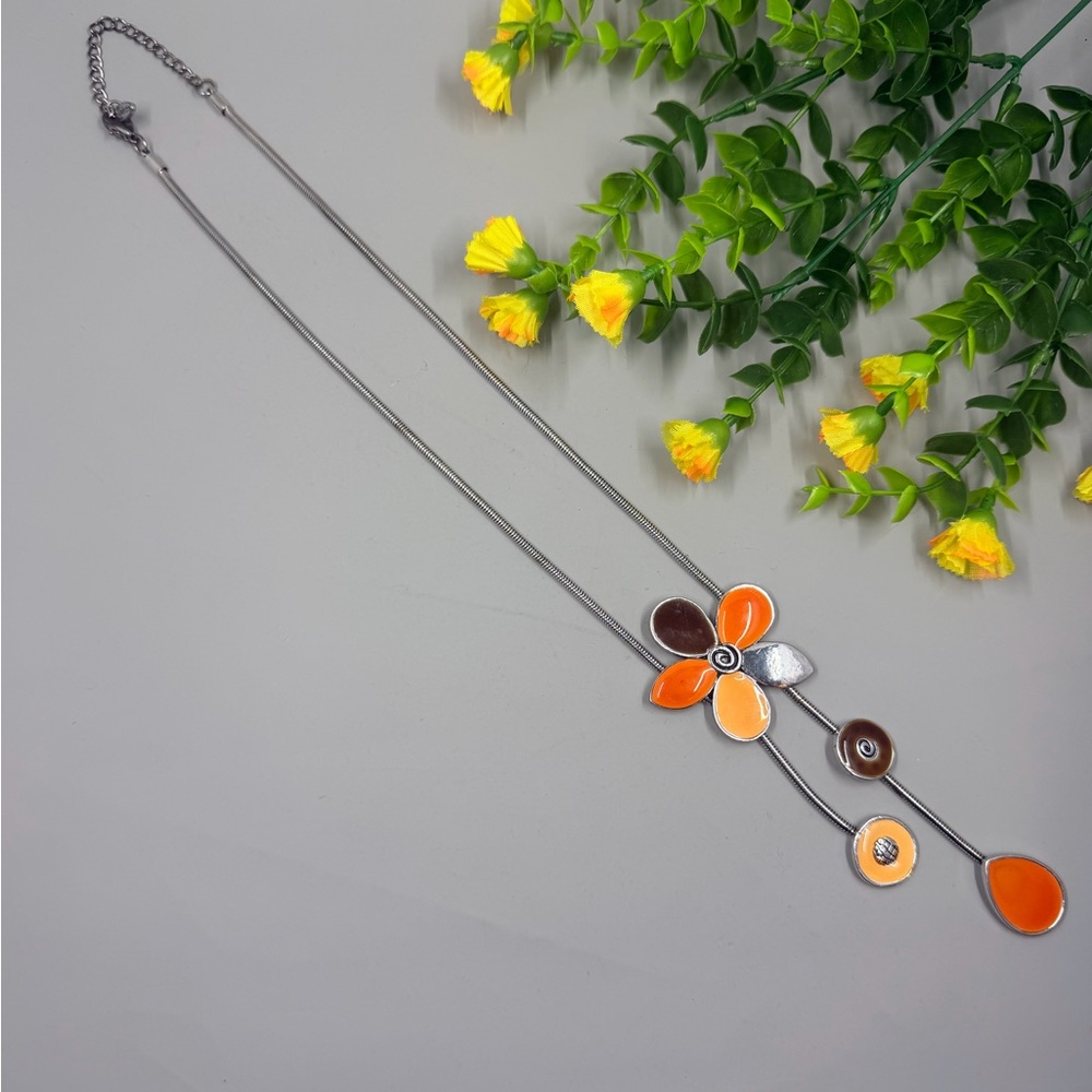 Passion Signed Long Silver Necklace with Orange Flower Fixed Bolo Style Pendant